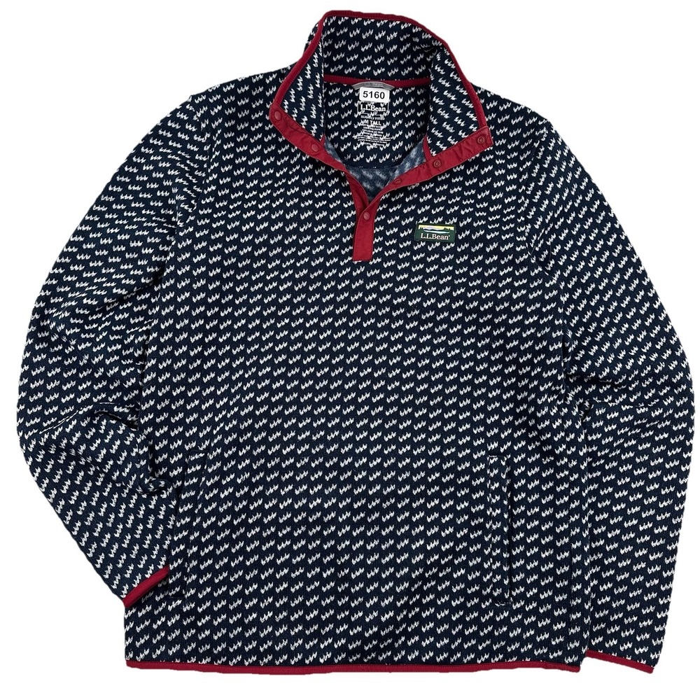LL Bean‎ Birdseye 1/4 Snap Fleece Pullover Sweater Men MT Navy Blue T Pockets